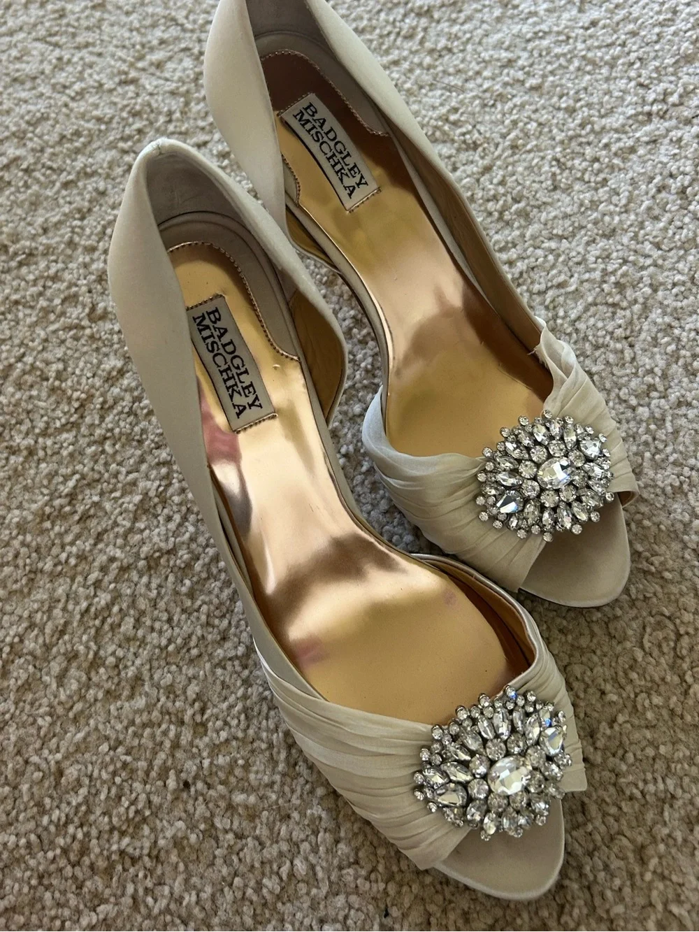 Badgley Mischka Ivory Satin Peep-Toe Heels with Crystal Brooch